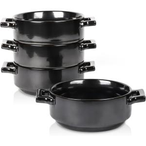 imagevicrays Ceramic Soup Bowls with Handles 24 Oz Porcelain Soup Crocks for French Onion Soup Cereal Beef Stew Chill Pasta Pot Pies Microwave and Oven Safe Set of 4 BlueBright Black