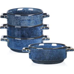 imagevicrays Ceramic Soup Bowls with Handles 24 Oz Porcelain Soup Crocks for French Onion Soup Cereal Beef Stew Chill Pasta Pot Pies Microwave and Oven Safe Set of 4 BlueBlue