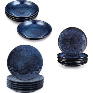 imageVicrays 16Piece Kitchen Dinnerware Set Ceramic Fluted Dinner Plates Salad Plates Bowls Set Microwave Oven and Dishwasher Safe Scratch Resistant Suitable for Home Party Restaurant Blue