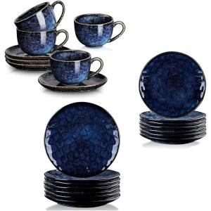 imageVicrays 16Piece Kitchen Dinnerware Set Ceramic Fluted Dinner Plates Salad Plates Mug Set Microwave Oven and Dishwasher Safe Scratch Resistant Suitable for Home Party Restaurant Blue