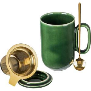 imagevicrays Ceramic Tea Mug Infuser  Large Cup 16 oz Hot Loose Steeping Handle Teacup with Leaf Infuser Spoon Lid  Tall Glazed Strainer Coffee Mug Microwave Safe  GreenGreen