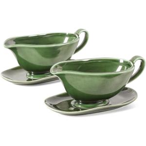 imageVicrays Gravy Boat with Saucer  Large 17oz Ceramic Sauce Boat with Tray Set of 2 for Turkey Salad Dressings Creamer Milk Broth  Thanksgiving Christmas Holiday Serving Dishes  Green