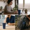 imagevicrays Ceramic Travel Coffee Mug with Lid Insulated Reusable Tall Cup Portable Easy Carrying Coffee Mug for Car Cup Holders Dishwasher Safe 12oz Reactive Glaze Blue