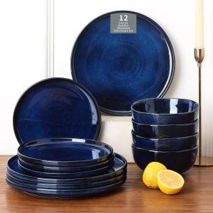 imageVicrays Ceramic 12 Pieces Dinnerware Set  Dinner Plates Salad Plates Cereal Bowls Set Service for 4  Scratch Resistant Microwave Oven Dishwasher Safe  Cherry RedBlue