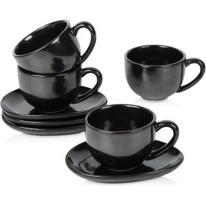 imagevicrays 65 oz Cappuccino Cups with Saucers Set of 4 Ceramic Coffee Cup for Au Lait Double shot Latte Cafe Mocha Tea BlackBright Black
