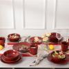 imagevicrays Ceramic Salad Bowls Set for Kitchen Serving  24 Ounce Soup Bowls Pasta Bowls Chip Resistant Dishwasher Safe NOT Microwave Safe Fluted Stoneware Set of 6 Black with GoldenCherry Red
