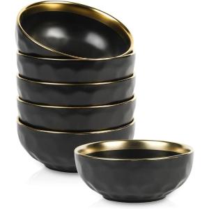 imagevicrays Ceramic Salad Bowls Set for Kitchen Serving  24 Ounce Soup Bowls Pasta Bowls Chip Resistant Dishwasher Safe NOT Microwave Safe Fluted Stoneware Set of 6 Black with GoldenBlack with Golden