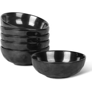 imagevicrays Ceramic Salad Bowls Set for Kitchen Serving  24 Ounce Soup Bowls Pasta Bowls Chip Resistant Dishwasher Safe NOT Microwave Safe Fluted Stoneware Set of 6 Black with GoldenBright Black