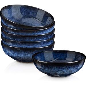 imagevicrays Ceramic Salad Bowls Set for Kitchen Serving  32 Ounce Soup Bowls Pasta Bowls Chip Resistant Dishwasher Microwave Safe Large Fluted stoneware Set of 6 BeigeBlue