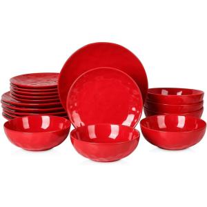 imageVicrays 18Piece Kitchen Dinnerware Set Ceramic Fluted Dinner Plates Salad Plates Bowls Set Microwave Oven and Dishwasher Safe Scratch Resistant Suitable for Home Party Restaurant Red