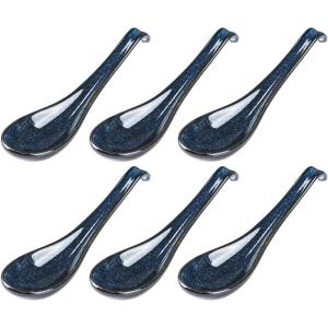 imageVicrays Ceramic Soup Spoons Asian  Chinese Porcelain Soup Spoons Japanese 64 inch Ladle Serving Utensils for Ramen Dumplings Wonton Pho Miso Noodle Cereal Coffee Mugs  Set of 6 Blue