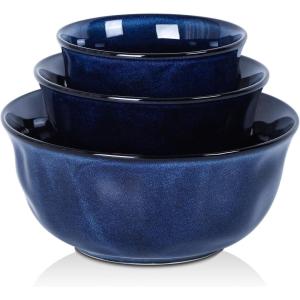 imagevicrays Ceramic Mixing Serving Bowl Set Nesting Stoneware Kitchen Decorative Large Bowls for Prepping Baking  Microwave Oven Dishwasher Safe  9757 inch Set of 3 Blue