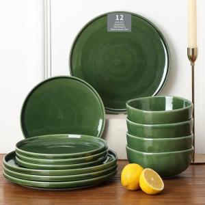 imageVicrays Ceramic 12 Pieces Dinnerware Set  Dinner Plates Salad Plates Cereal Bowls Set Service for 4  Scratch Resistant Microwave Oven Dishwasher Safe  BeigeGreen