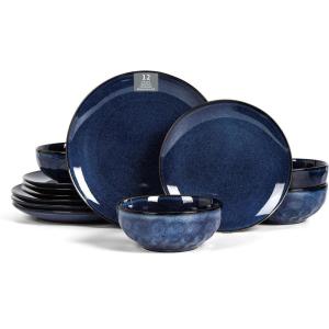imageVicrays Ceramic 12 Pieces Dinnerware Set  Dinner Plates Salad Plates Cereal Bowls Set Service for 4  Scratch Resistant Microwave Oven Dishwasher Safe  BeigeShallow Blue