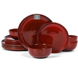 imageVicrays Ceramic 12 Pieces Dinnerware Set  Dinner Plates Salad Plates Cereal Bowls Set Service for 4  Scratch Resistant Microwave Oven Dishwasher Safe  BeigeCherry Red