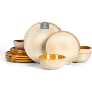 imageVicrays Ceramic 12 Pieces Dinnerware Set  Dinner Plates Salad Plates Cereal Bowls Set Service for 4  Scratch Resistant Microwave Oven Dishwasher Safe  BeigeBeige