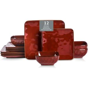 imagevicrays Ceramic Square 12 Pieces Dinnerware Set  Dinner Plates Salad Plates Cereal Bowls Set Service for 4  Scratch Resistant Microwave Oven Dishwasher Safe  Cherry RedCherry Red