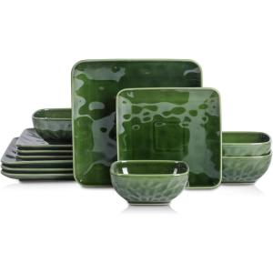 imagevicrays Ceramic Square 12 Pieces Dinnerware Set  Dinner Plates Salad Plates Cereal Bowls Set Service for 4  Scratch Resistant Microwave Oven Dishwasher Safe  Cherry RedGreen