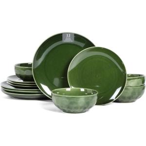 imageVicrays Ceramic 12 Pieces Dinnerware Set  Dinner Plates Cereal Bowls Salad Plates Set Service for 4  Scratch Resistant Dishwasher Safe Microwave Oven  Green