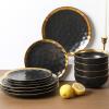 imagevicrays Ceramic Round Plates Set of 6  Porcelain 10 inch Dinner Plates for Salad Dessert Appetizer Bread  Microwave Oven and Dishwasher Safe  BlueBlack with Golden