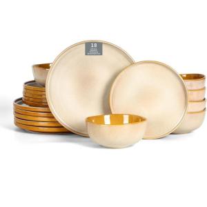 imageVicrays Ceramic 18 Pieces Dinnerware Set  Dinner Plates Salad Plates Cereal Bowls Set Service for 6  Scratch Resistant Microwave Oven Dishwasher Safe  Beige