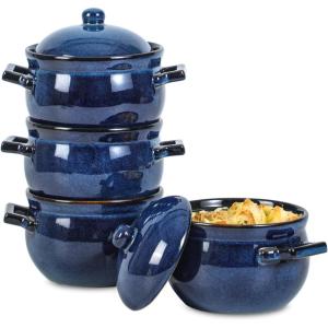 image:imagevicrays French Onion Soup Bowls with Lids and Handles 18 Ounce for Soup Beef Stew Chili Chip Resistant Dishwasher Microwave Safe Set of 4 Blue