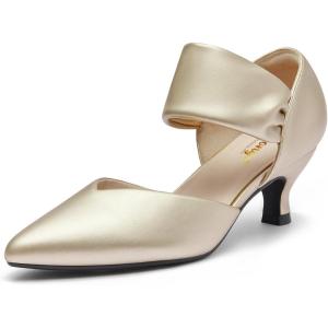 imageRIBONGZ Kitten Heels for Women Closed Toe Comfortable Low Heels Pointed Toe Sexy Slip on Pumps Bridal Party Dressy ShoesGold