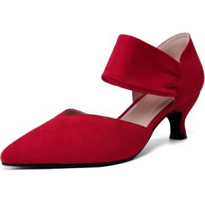 imageRIBONGZ Kitten Heels for Women Closed Toe Comfortable Low Heels Pointed Toe Sexy Slip on Pumps Bridal Party Dressy ShoesRed