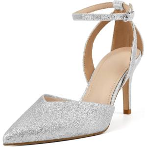 imageRIBONGZ Womens Wedding Shoes Glitter Sparkly Pointed Toe Strappy High Heels Sexy Ankle Strap Pumps Bridal Party Work Dress ShoesHp005glittersilver