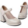 imageRIBONGZ Chunky High Heels for Women Sexy Mary Jane Square Toe Heels Pumps Comfortable Ankle Strap Closed Toe Block Platform Heels Dressy shoesMjapricot001