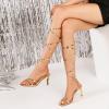 imageRIBONGZ Womens High Strappy Heels Square Open Toe Ankle Strap Lace Up Heels Stiletto Sexy Heels for Wedding Bridal Prom Party Dress ShoesStrappy Gold