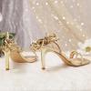 imageRIBONGZ Womens High Strappy Heels Square Open Toe Ankle Strap Lace Up Heels Stiletto Sexy Heels for Wedding Bridal Prom Party Dress ShoesStrappy Gold