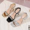 imageRIBONGZ Womens Sandals Dressy Gold Strappy Square Open Toe Chunky Heels Ankle Strap Kitten Sexy High Heels Prom Wedding Party Evening Summer Bridal ShoesGoldrhinestone