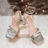 imageRIBONGZ Womens Strappy Heels Square Open Toe High Heels for Women Ankle Strap Chunky Heeled Sandals Wedding Bridal Shoes Comfort High Heel Sandals Dress Party ShoesSilver