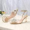 imageRIBONGZ Womens Wedding Shoes Glitter Sparkly Pointed Toe Strappy High Heels Sexy Ankle Strap Pumps Bridal Party Work Dress ShoesHeartpvcgold