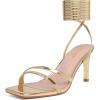 imageRIBONGZ Womens High Strappy Heels Square Open Toe Ankle Strap Lace Up Heels Stiletto Sexy Heels for Wedding Bridal Prom Party Dress ShoesStrappy Gold