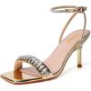 imageRIBONGZ Womens Sandals Dressy Gold Strappy Square Open Toe Chunky Heels Ankle Strap Kitten Sexy High Heels Prom Wedding Party Evening Summer Bridal ShoesGoldrhinestone