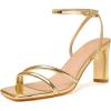 imageRIBONGZ Womens Strappy Heels Square Open Toe High Heels for Women Ankle Strap Chunky Heeled Sandals Wedding Bridal Shoes Comfort High Heel Sandals Dress Party ShoesGold