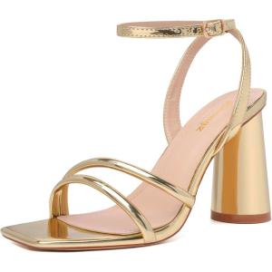 imageRIBONGZ Block Heels Prom Heeled Sandals for Women Chunky Square Open Toe Strappy High Heels Ankle Strap Wedding Bridal Shoes High Heel Sandals for Party DressGold