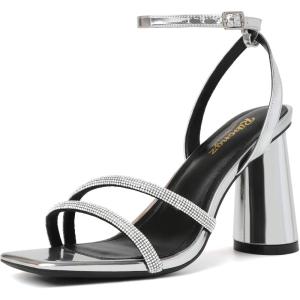imageRIBONGZ Block Heels Prom Heeled Sandals for Women Chunky Square Open Toe Strappy High Heels Ankle Strap Wedding Bridal Shoes High Heel Sandals for Party DressSparkly Silver
