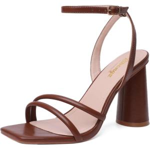 imageRIBONGZ Block Heels Prom Heeled Sandals for Women Chunky Square Open Toe Strappy High Heels Ankle Strap Wedding Bridal Shoes High Heel Sandals for Party DressBrown