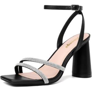 imageRIBONGZ Block Heels Prom Heeled Sandals for Women Chunky Square Open Toe Strappy High Heels Ankle Strap Wedding Bridal Shoes High Heel Sandals for Party DressSparkly Black