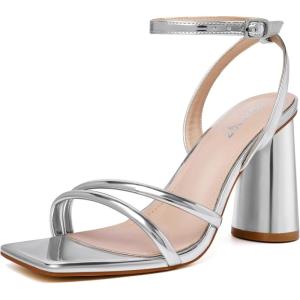 imageRIBONGZ Block Heels Prom Heeled Sandals for Women Chunky Square Open Toe Strappy High Heels Ankle Strap Wedding Bridal Shoes High Heel Sandals for Party DressSilver