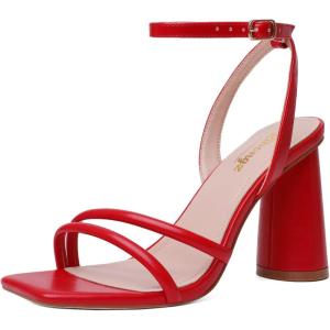 imageRIBONGZ Block Heels Prom Heeled Sandals for Women Chunky Square Open Toe Strappy High Heels Ankle Strap Wedding Bridal Shoes High Heel Sandals for Party DressRed