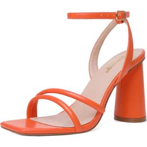 imageRIBONGZ Block Heels Prom Heeled Sandals for Women Chunky Square Open Toe Strappy High Heels Ankle Strap Wedding Bridal Shoes High Heel Sandals for Party DressOrange