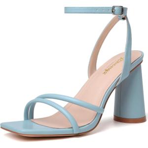 imageRIBONGZ Block Heels Prom Heeled Sandals for Women Chunky Square Open Toe Strappy High Heels Ankle Strap Wedding Bridal Shoes High Heel Sandals for Party DressLight Blue