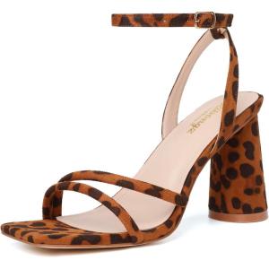 imageRIBONGZ Block Heels Prom Heeled Sandals for Women Chunky Square Open Toe Strappy High Heels Ankle Strap Wedding Bridal Shoes High Heel Sandals for Party DressLeopard
