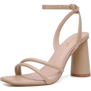 imageRIBONGZ Block Heels Prom Heeled Sandals for Women Chunky Square Open Toe Strappy High Heels Ankle Strap Wedding Bridal Shoes High Heel Sandals for Party DressNude