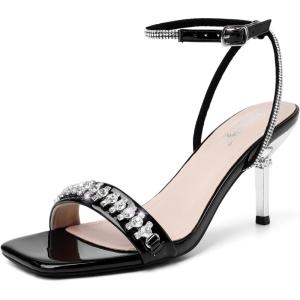 imageRIBONGZ Womens Sandals Dressy Gold Strappy Square Open Toe Chunky Heels Ankle Strap Kitten Sexy High Heels Prom Wedding Party Evening Summer Bridal ShoesBlackrhinestone