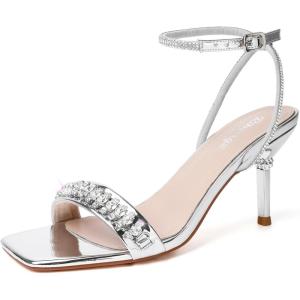 imageRIBONGZ Womens Sandals Dressy Gold Strappy Square Open Toe Chunky Heels Ankle Strap Kitten Sexy High Heels Prom Wedding Party Evening Summer Bridal ShoesSilverrhinestone